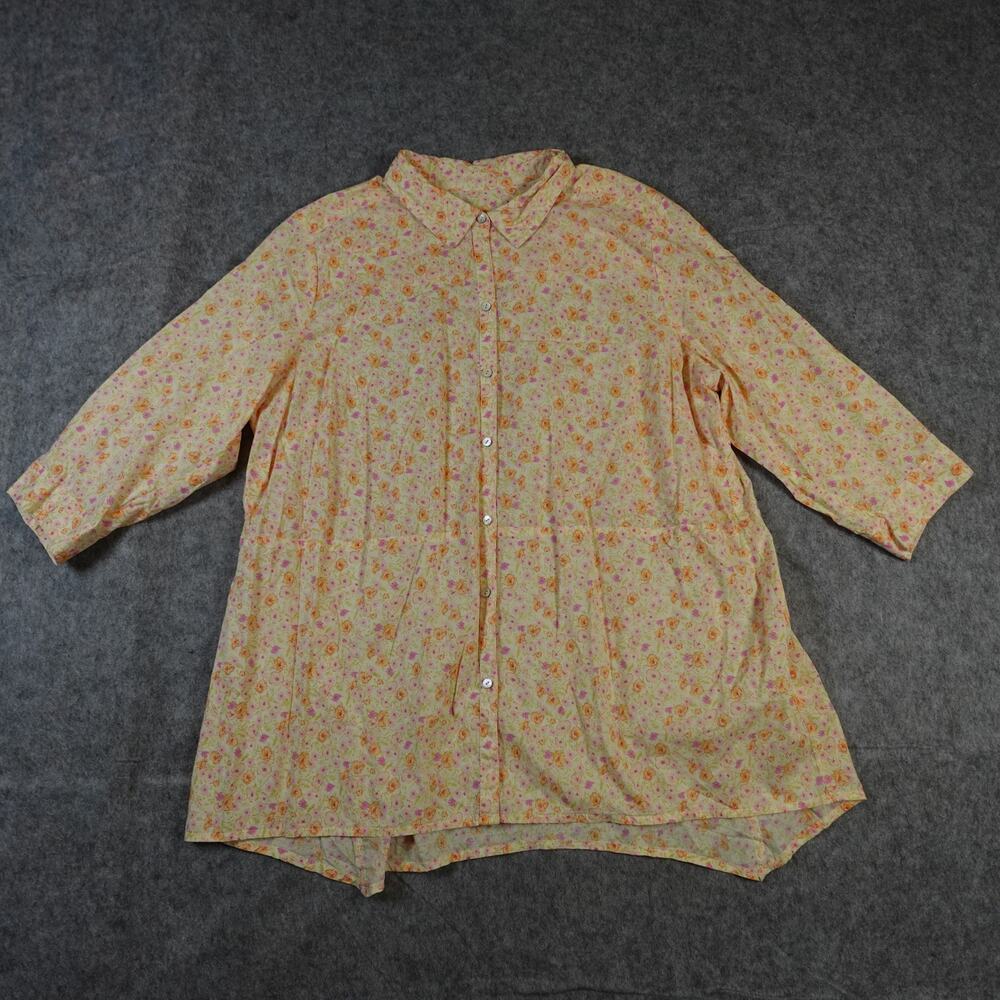 J. Jill Top Womens 1X/2X? Button Up Shirt Floral Tunic 3/4 Sleeve Yellow Pink